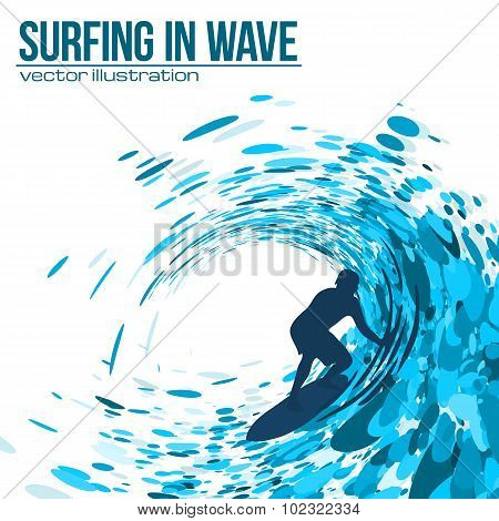 Vector surfer silhouette in blue wave