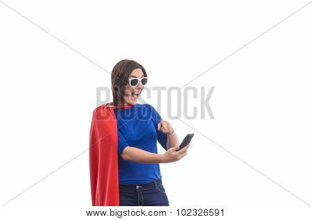 Woman Superhero With Red Cape Talking On The Phone.