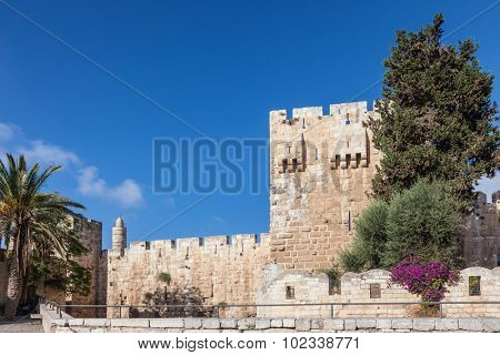 Walls of ancient Jerusalem.  Bright sunny autumn morning