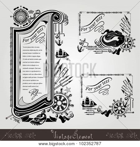 three marine style engraving banners or labels with vintage weapons and marine equipments