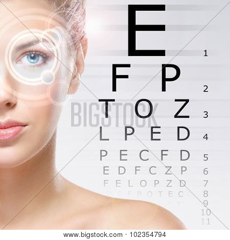 Woman with a laser on her eyes (ophthalmology, optometry and eye scanning technology)