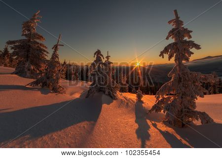 Fantastic orange evening landscape glowing by sunlight. Dramatic wintry scene with snowy trees. Kukul ridge, Carpathians, Ukraine, Europe. Merry Christmas!