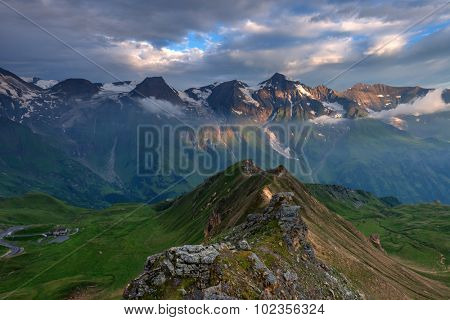 Amazing sunset on the top of grossglockner pass, Alps, Switzerland, Europe.