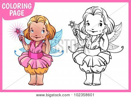 Coloring Page. Little Girl Dressed As A Fairy With A Magic Wand.