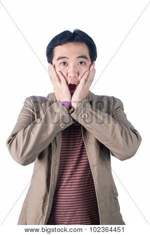 Frightened Man With Fear Face. Isolated On White.