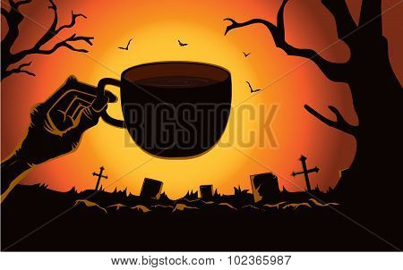 Zombie hand holding coffee cup at the cemetery.
