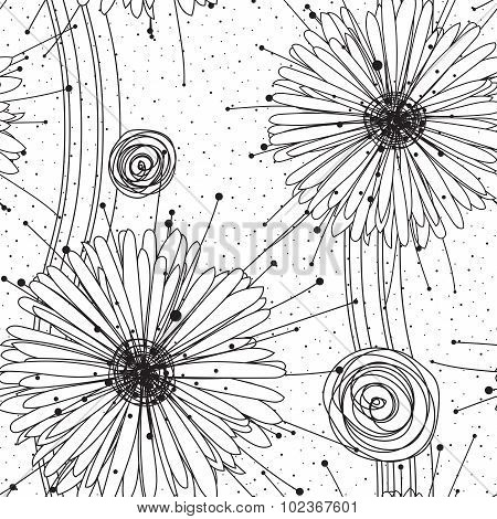 Intricate black and white pattern with flowers and splashes of glomeruli