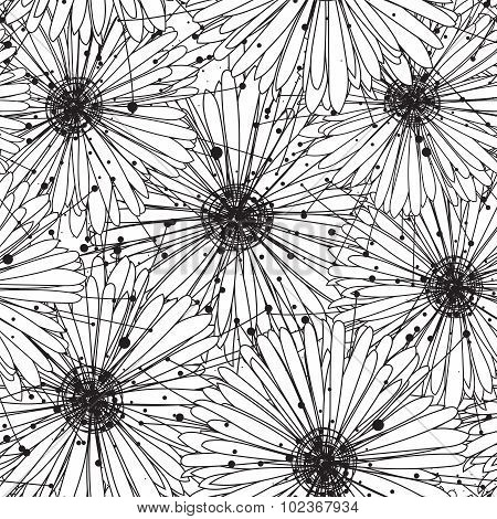 Intricate black and white pattern with flowers and splashes of glomeruli
