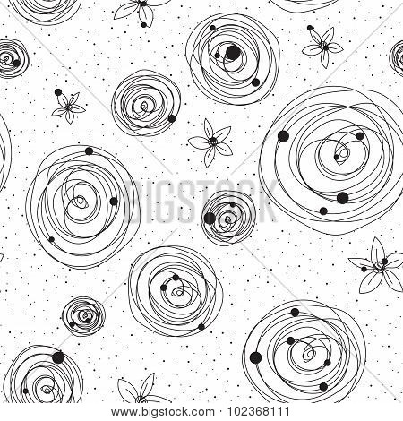 Intricate black and white pattern with flowers and splashes of glomeruli