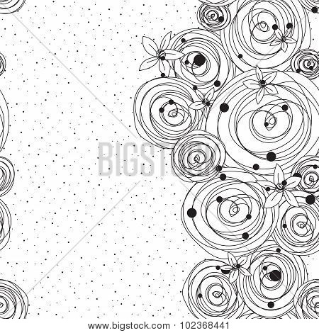 Intricate black and white pattern with flowers and splashes of glomeruli