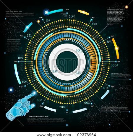 space background or hightech futuristic interface with robot hand handpointer HUD and GUI