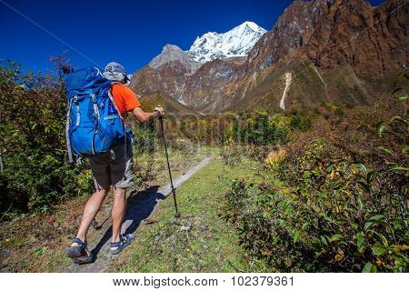 Hiker on the trek in Himalayas Manaslu region Nepal