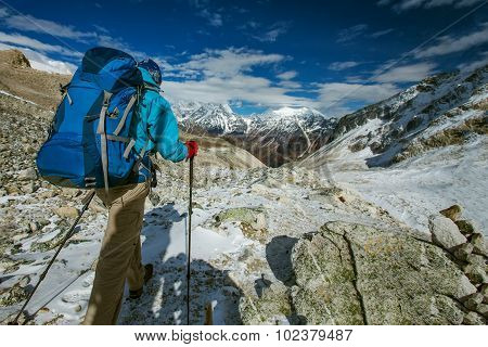 Hiker on the trek in Himalayas Manaslu region Nepal