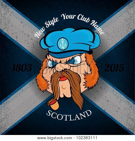 head of Scottish sailor in cap on Schotland flag grunge background.print street style