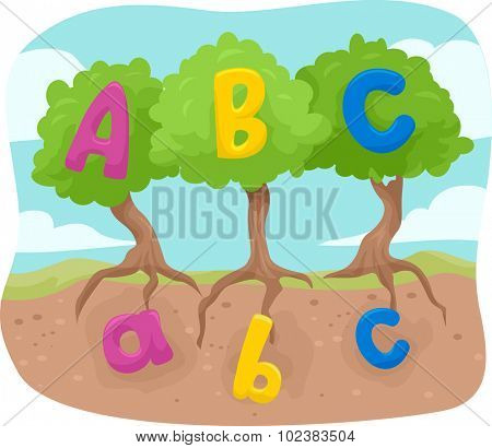 Illustration of Lower Case and Upper Case Letters of the Alphabet Represented by Seeds and Trees