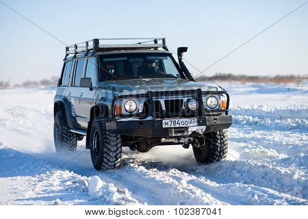 Khabarovsk, Russia - January 31, 2015: Nissan Patrol During Off Road Winter Sprint Race