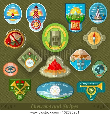 flat set patches of youth tourist or scouts organization
