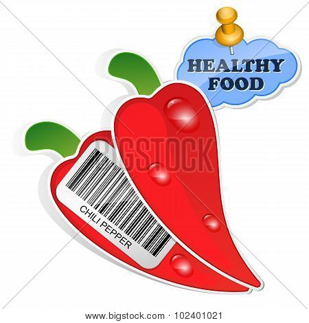 Chili Pepper Icon With Barcode And Healthy Food Sticker. Vector Illustration