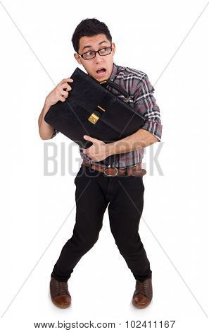 Young employee with briefcase isolated on white