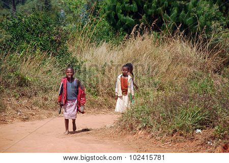 African Children On The Dirt Road To Kilolo In Tanzania Africa