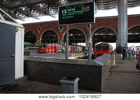 Moscow, Russia, September 19 2015. Two trains expect the passenger.