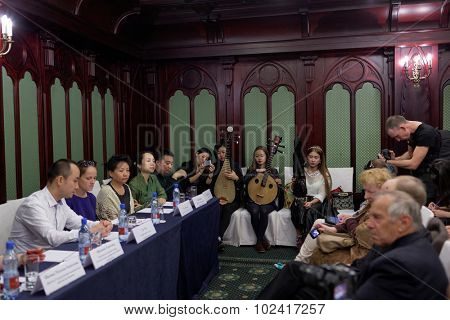 ST. PETERSBURG, RUSSIA - SEPTEMBER 14, 2015: Press cocktail of the women's chamber orchestra 