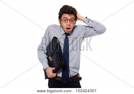Young employee with briefcase isolated on white