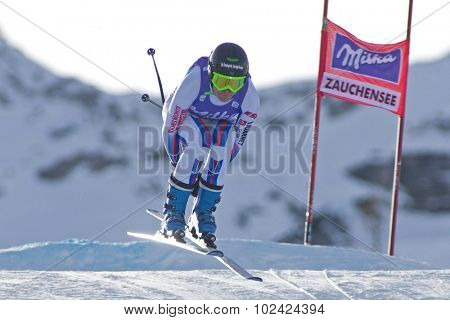 ZAUCHENSEE AUSTRIA. 07 JANUARY 2011.  Marion Pellissier (FRA) takes to the air during the second official training run for the downhill race part of FIS Alpine World Cup, in Zauchensee Austria.