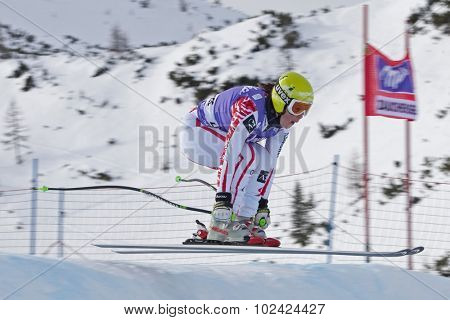 ZAUCHENSEE AUSTRIA. 06 JANUARY 2011.  Stefanie Moser (AUT) takes to the air in the first training run for the downhill race part of FIS Alpine World Cup, in Zauchensee Austria.
