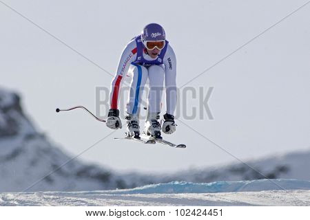 ZAUCHENSEE AUSTRIA. 07 JANUARY 2011.  Ingrid Jacquemod (FRA) takes to the air during the second official training run for the downhill race part of FIS Alpine World Cup, in Zauchensee Austria.