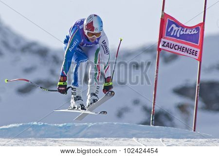 ZAUCHENSEE AUSTRIA. 07 JANUARY 2011.  Daniela Merighetti (ITA) takes to the air during the second official training run for the downhill race part of FIS Alpine World Cup, in Zauchensee Austria.
