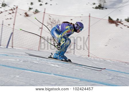 ZAUCHENSEE AUSTRIA. 06 JANUARY 2011.  Tina Maze (SLO) takes to the air in the first training run for the downhill race part of FIS Alpine World Cup, in Zauchensee Austria.