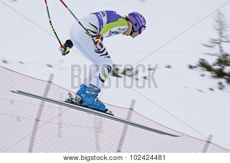 ZAUCHENSEE AUSTRIA. 06 JANUARY 2011.  Maria Riesch (GER) takes to the air in the first training run for the downhill race part of FIS Alpine World Cup, in Zauchensee Austria.
