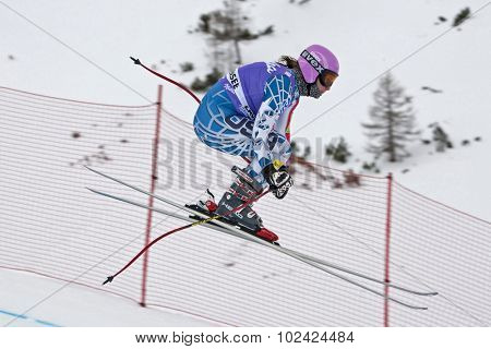 ZAUCHENSEE AUSTRIA. 06 JANUARY 2011.  Chelsea Marshall (USA) takes to the air in the first training run for the downhill race part of FIS Alpine World Cup, in Zauchensee Austria.