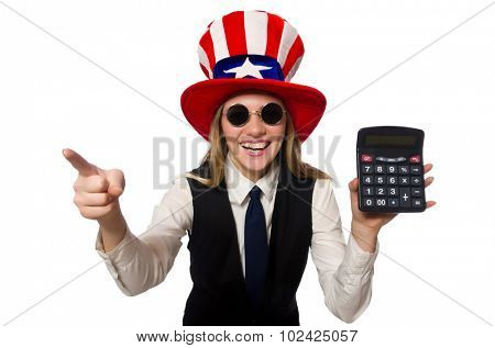 Woman with calculator isolated on white