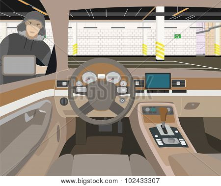 Suspicious man in the underground parking lot near theing lot without signaling. Vector illustration
