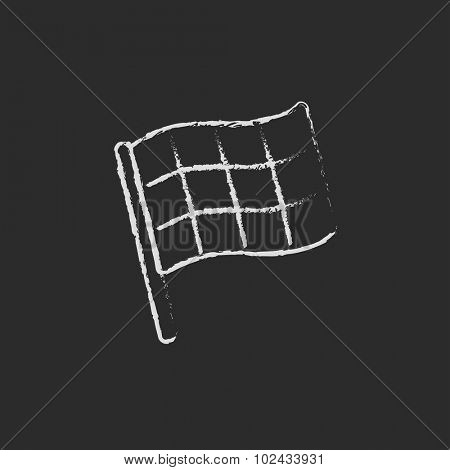 Checkered flag hand drawn in chalk on a blackboard vector white icon isolated on a black background.