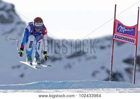 ZAUCHENSEE AUSTRIA. 07 JANUARY 2011.  Martina Schild (SUI) takes to the air during the second official training run for the downhill race part of FIS Alpine World Cup, in Zauchensee Austria.