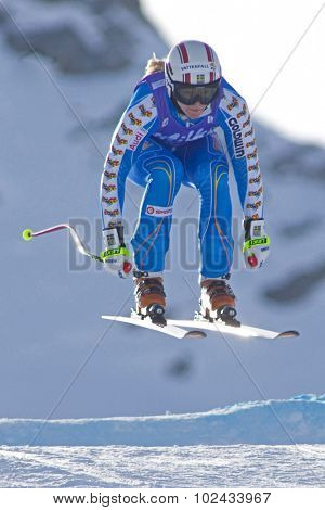 ZAUCHENSEE AUSTRIA. 07 JANUARY 2011.  Jessica Lindell-Vikarby (SWE) takes to the air during the second official training run for the downhill race part of FIS Alpine World Cup, in Zauchensee Austria.