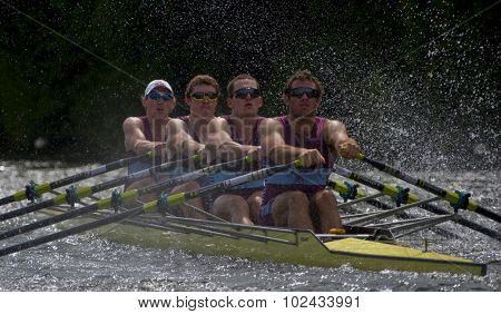HENLEY, ENGLAND. 01-07-2010. The Tideway Scullers school A in action on day 2 of the Henley Royal Regatta 2010 held on the River Thames.  