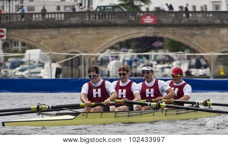 HENLEY, ENGLAND. 01-07-2010. Harvard University rowing club in action on day 2 of the Henley Royal Regatta 2010 held on the River Thames.  
