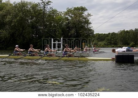 HENLEY, ENGLAND. 01-07-2010. The race starts between The University of Queensland and The Tideway Scullers on day 2 of the Henley Royal Regatta 2010 held on the River Thames.  