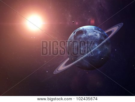 The Uranus with moons from space showing all they beauty. Extremely detailed image, including elemen
