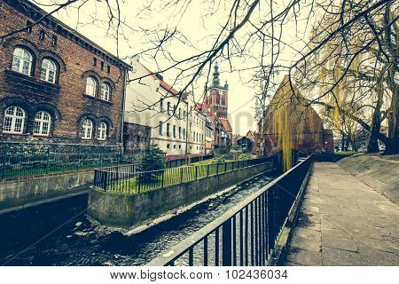 Historical Miller's House on the Mill Island in Gdansk and other old houses in cener of Gdansk, Poland