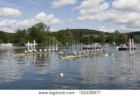HENLEY, ENGLAND. 03-07-2010.  A.S.R. Nereus, NED (top) and  Queen's University, Belfast 'A'  (bottom) in action on day 4 of the Henley Royal Regatta 2010 held on the River Thames.  