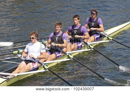 HENLEY, ENGLAND. 04-07-2010.  Reading University & Leander Club competing in The Queen Mother Challenge Cup on day 5 of the Henley Royal Regatta 2010 held on the River Thames.  