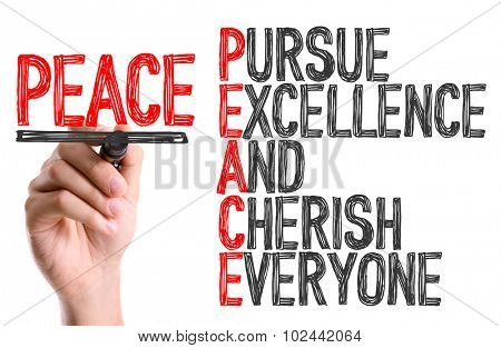Hand with marker writing: Peace Acronmy