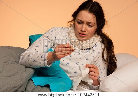 Asian Caucasian Woman With Flu And Feaver
