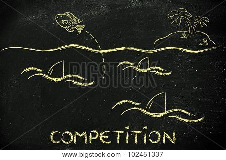 Small Fish Jumpying Out Of A Sea Full Of Sharks, Concept Of Surviving The Competition