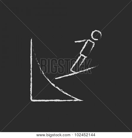 Ski jumping hand drawn in chalk on a blackboard vector white icon isolated on a black background.